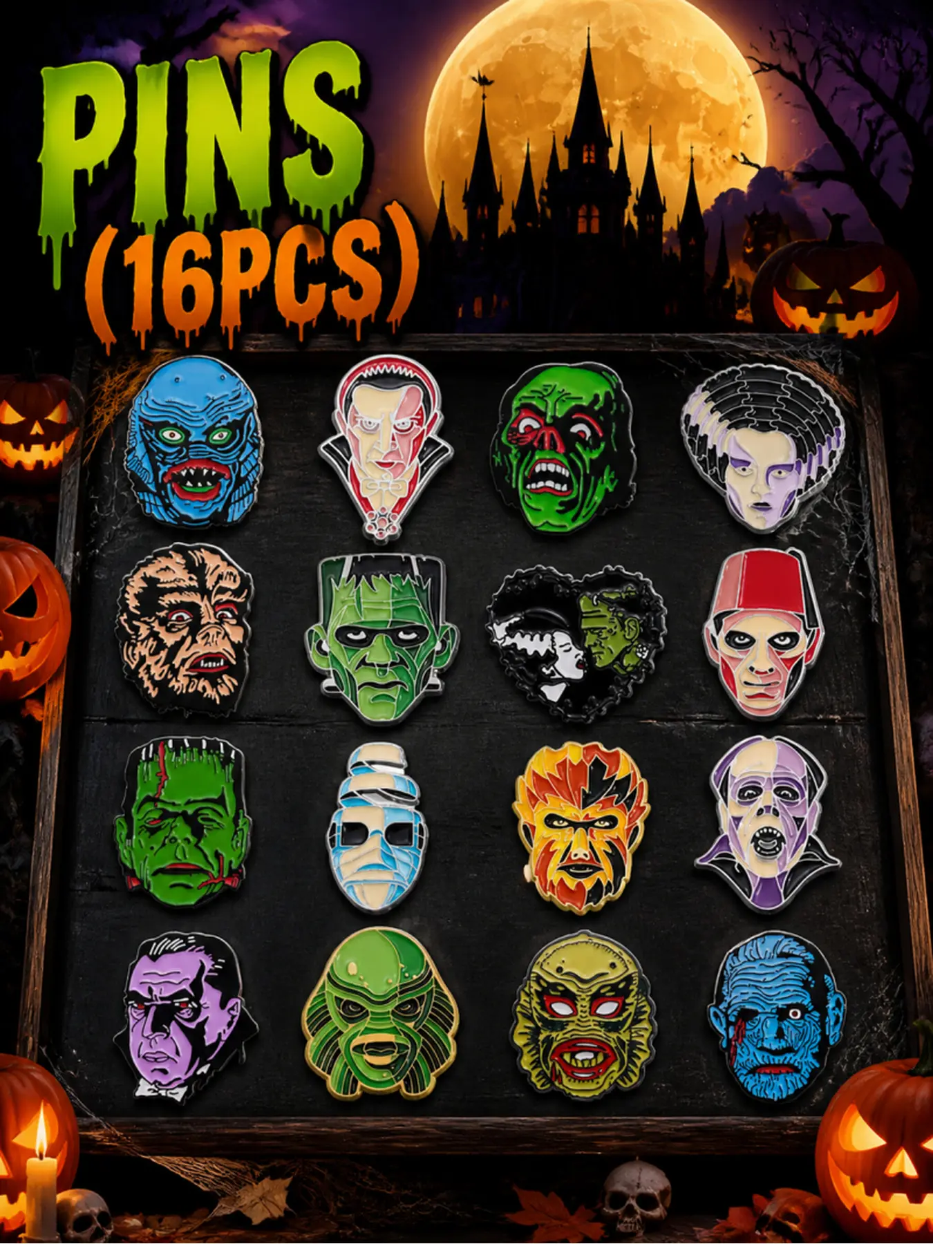 16 Pcs Horror Character Portrait Brooches, Punk Style Monster Design, Alloy Lapel Pins & Badges, Unisex Fashion Jewelry for Daily Wear, Exquisite Gifts for Friends