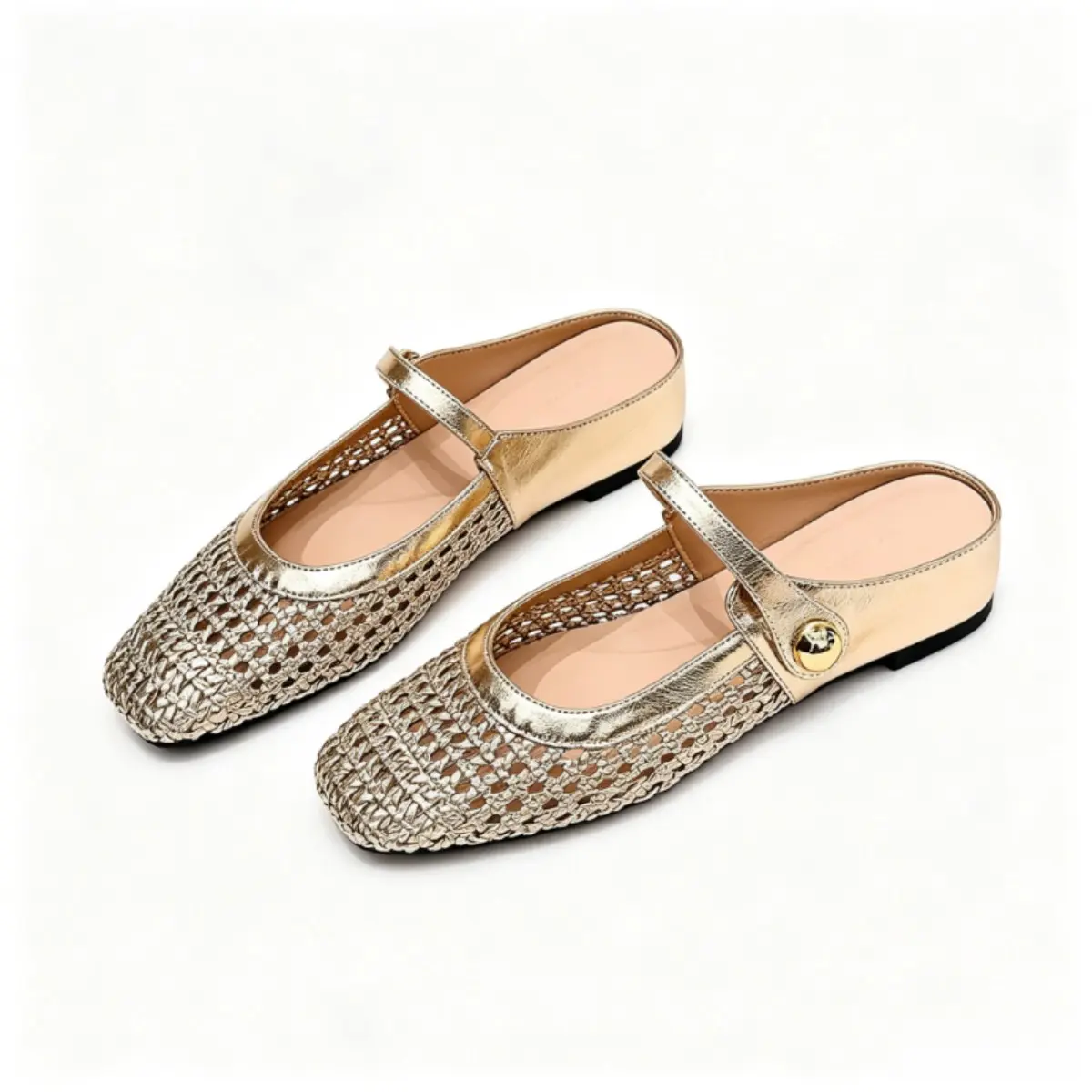 Women's Casual Woven Mesh Flats, Backless Mary Jane Mules with Openwork Weave, Breathable Lightweight No Heel Pull On Shoe, Chic