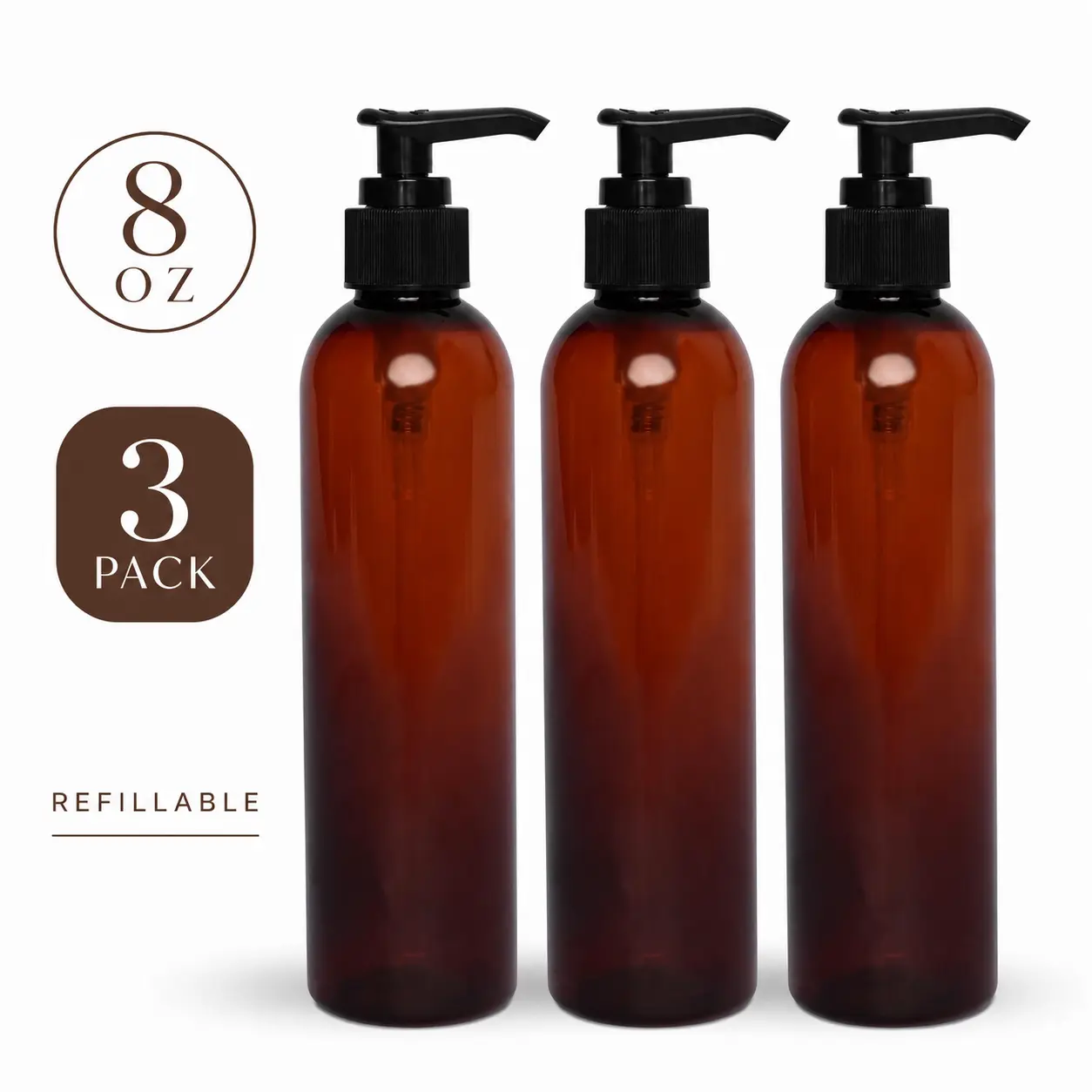 8oz Amber Lotion Pump Bottles (3-Pack), BPA-Free Refillable Plastic Containers with Black Dispensers for Bathroom Shower Soap, Shampoo, Lotion