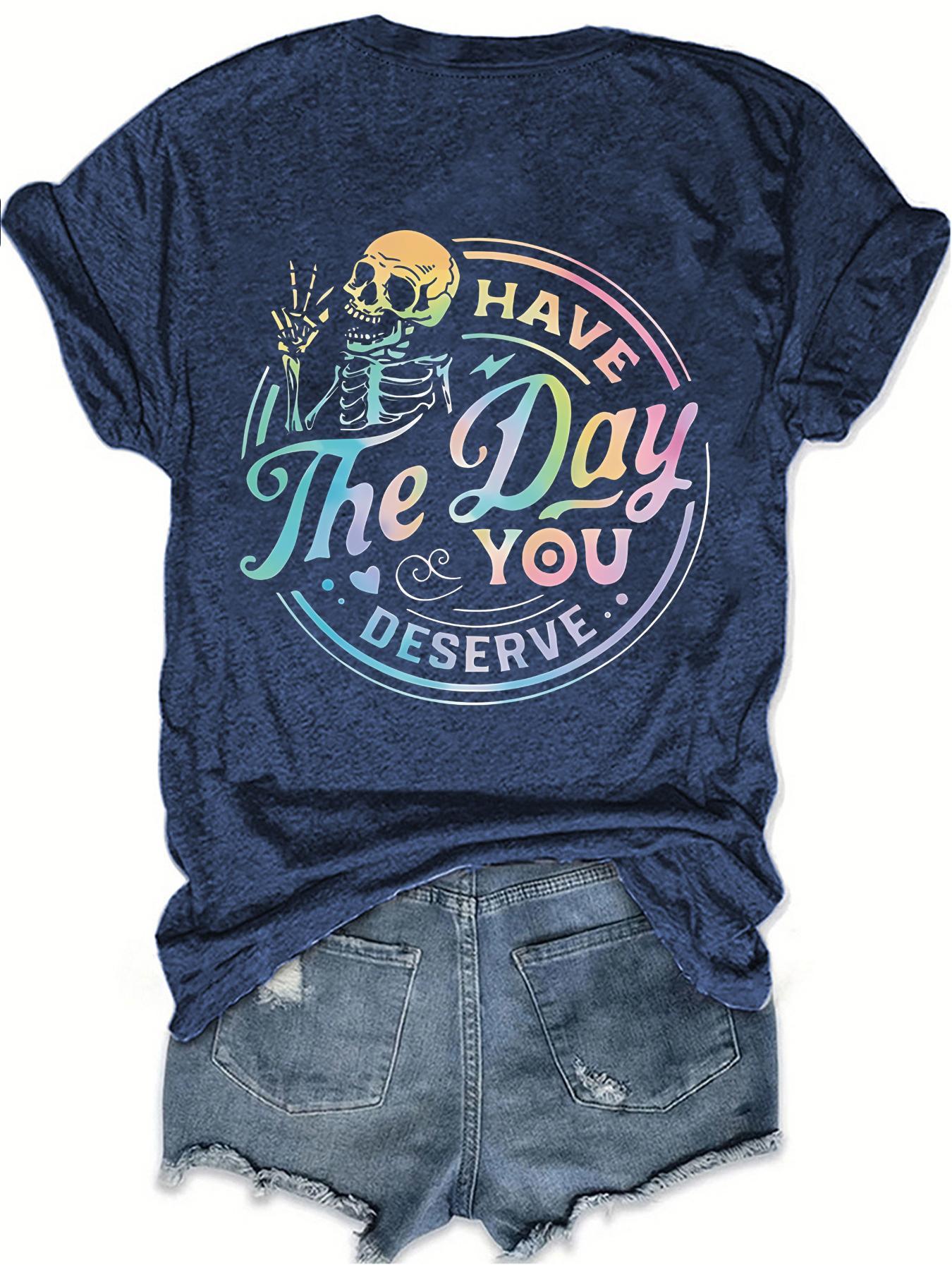 Women's Casual Fitted Graphic Letter Print Round Neck Short Sleeve T-Shirt, Spring Summer Streetwear Fashion Tee, Fun Skull Pattern, Inspirational Gradient Design