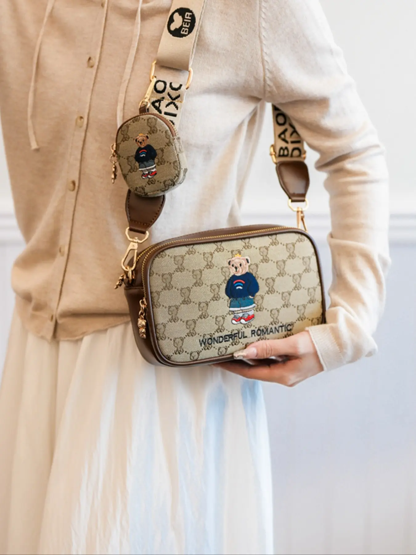 Women's Bear Embroidery Crossbody Bag, Two-Piece Camera Bag Set, Vintage Print Shoulder Bag, Detachable Mini Wallet, Casual Handbag