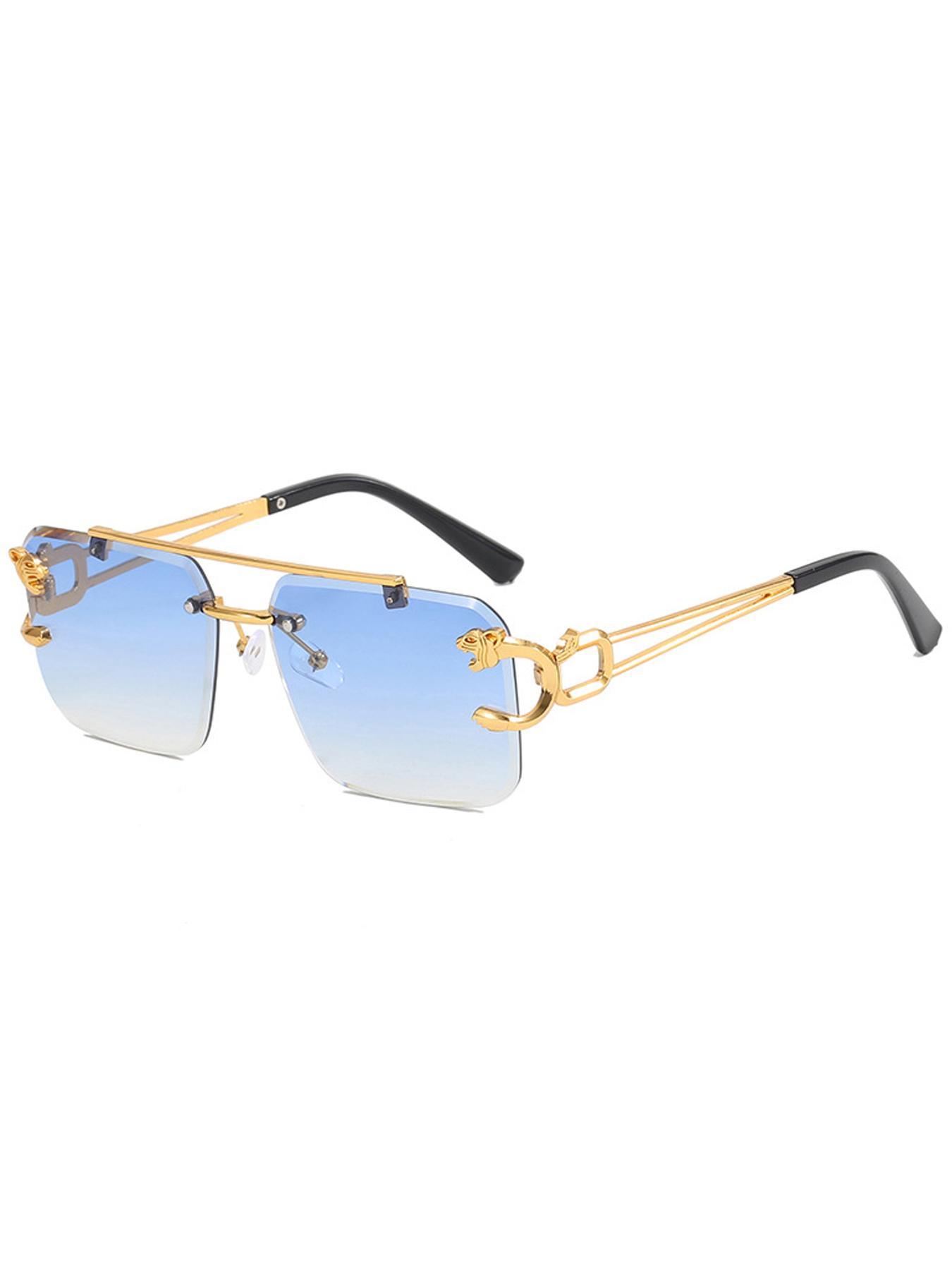 Luxury Square Gold Frame Fashion Sun Glasses Metal Leopard Rimless Sunglasses Double Bridges Gradient Ocean Film Shades UV400 Trendy Casual Sunglasses