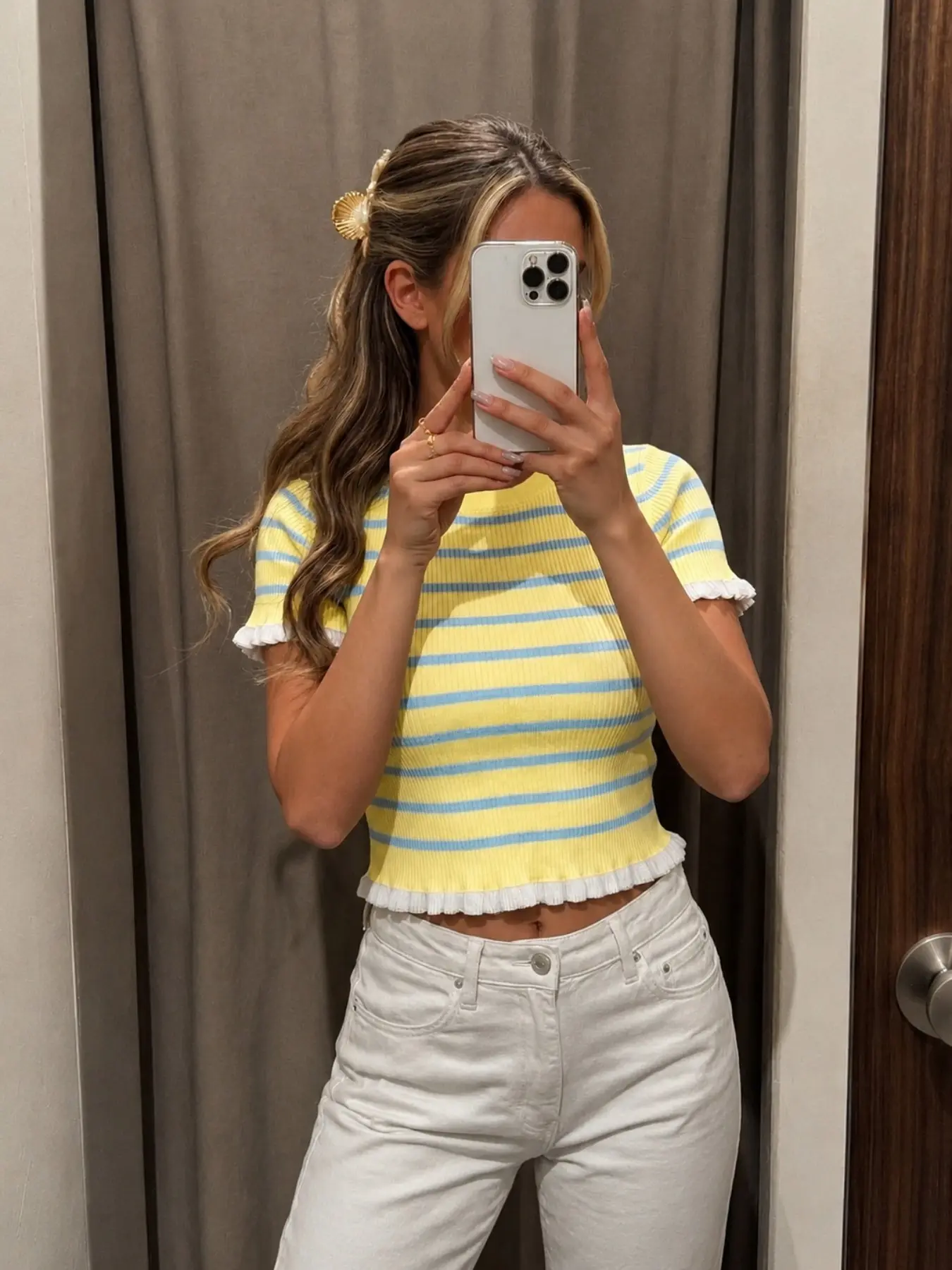 Women's Elegant and Blue Striped Knit Top, Casual Short Sleeve, Cream Ruffle Hem, Summer Knitwear, Striped Shirt, Casual Classy Elegant