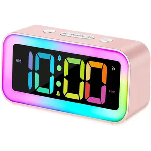 Cute Pink Loud Alarm Clock with RGB Night Light, Small Bedside Lamp for Girls Room, Kawaii Gift for Kids Teens