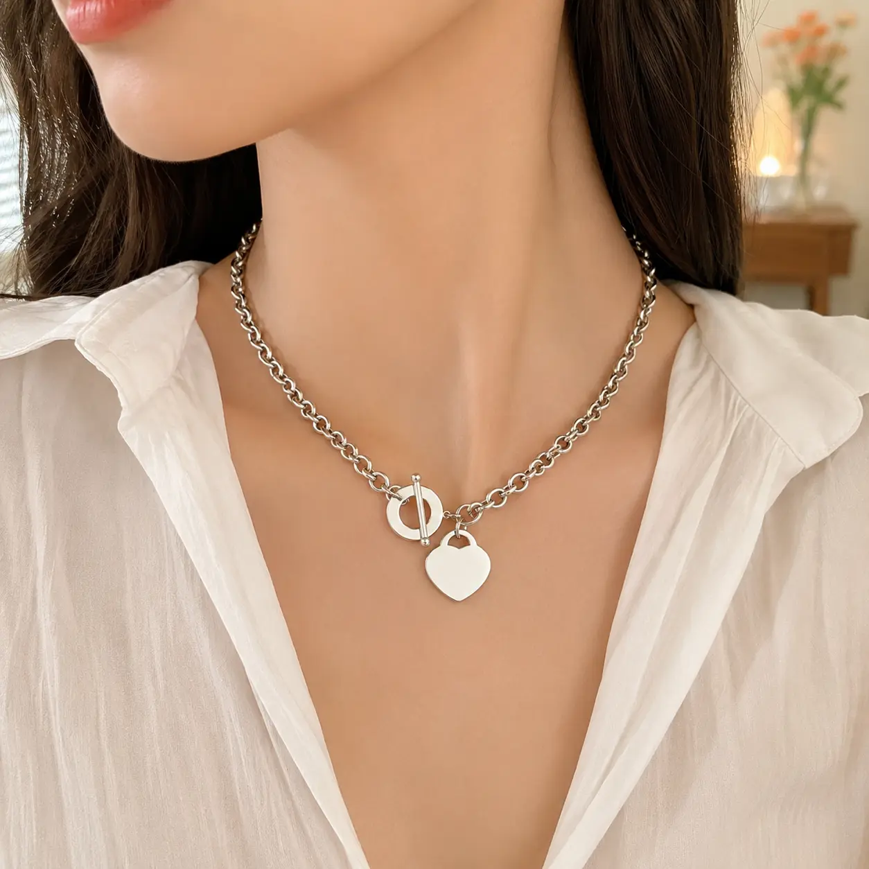 Women's Chunky Heart Charm Necklace - Solid Titanium Steel Toggle Clasp Chain, Smooth Metal Design, Daily Fashion Jewelry Gift, Heart Necklace, Chunky Heart Charm Necklaces