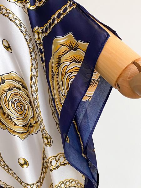 Elegant Floral Print Robe Set with Shawl Collar Dress, Long Scarf Headband for Women, Beach Sun Protection Satin Silk Fabric