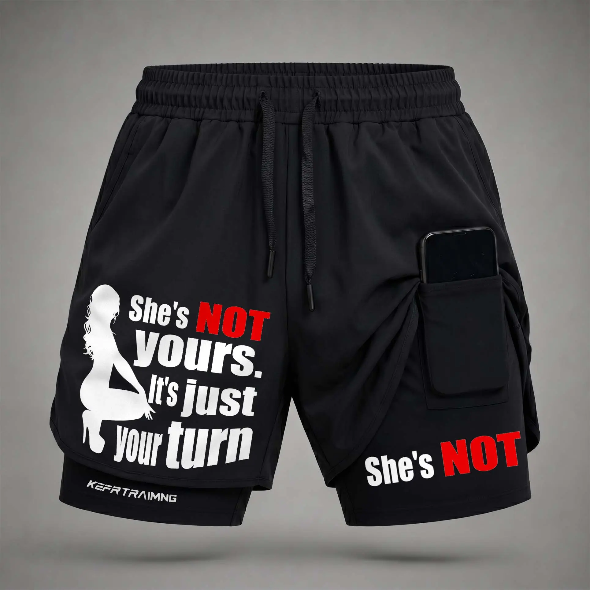 Men’s" She's Not Yours. It's Just Your Turn” Graphic Print 2-in-1 Athletic Shorts, Built-in Compression Liner, Secure Inner Phone Pocket, Elastic Drawstring Waist, Quick-Dry Gym Running Training Shorts for Summer Daily Wear