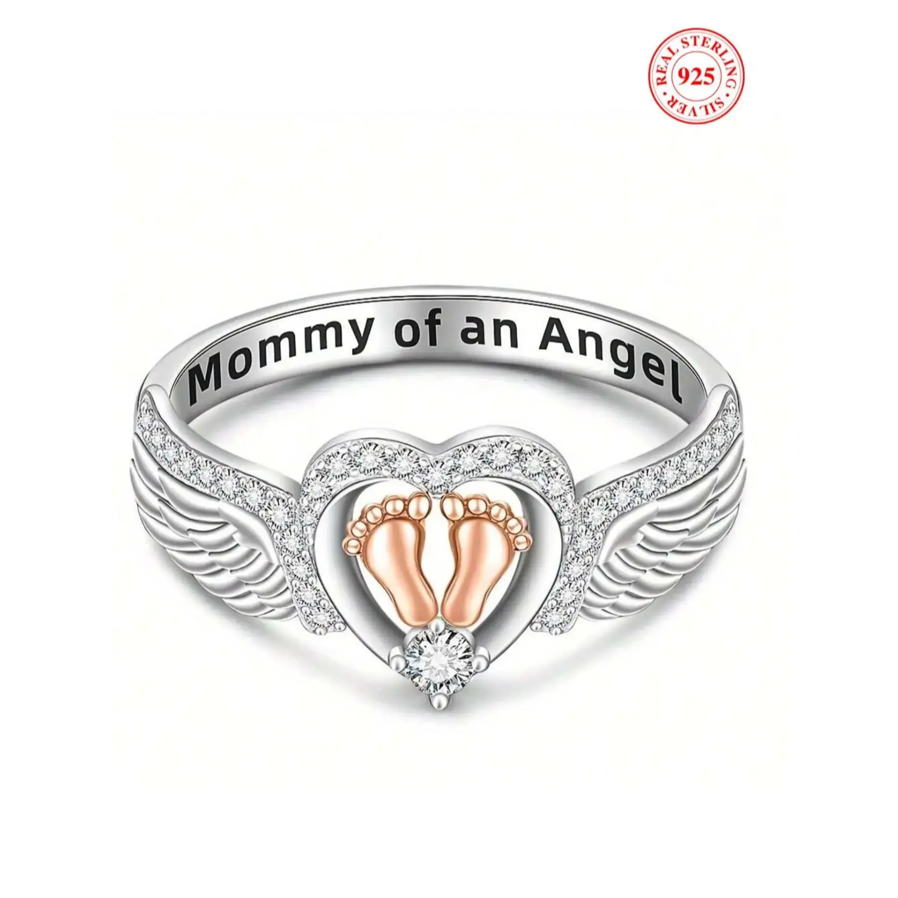 S925 Sterling Silver Angel Wing & Heart Design Artificial Zircon Ring, Heart Cluster Ring, Rhinestone Decor Heart Shaped Rings for Women, Beautiful Rings, Trendy All-match & Exquisite Jewelry for Birthday Gift, Engraved Heart Shaped Engagement Ring