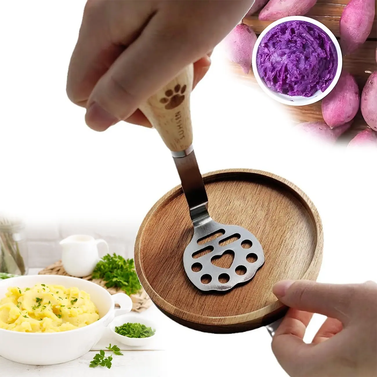 2Pcs Cat Claw Potato Mashers with Wood Non-Slip Handle Stainless Steel Bean and Avocado Masher, Small Food Masher Lightweight Kitchen Tool Cat' Paw