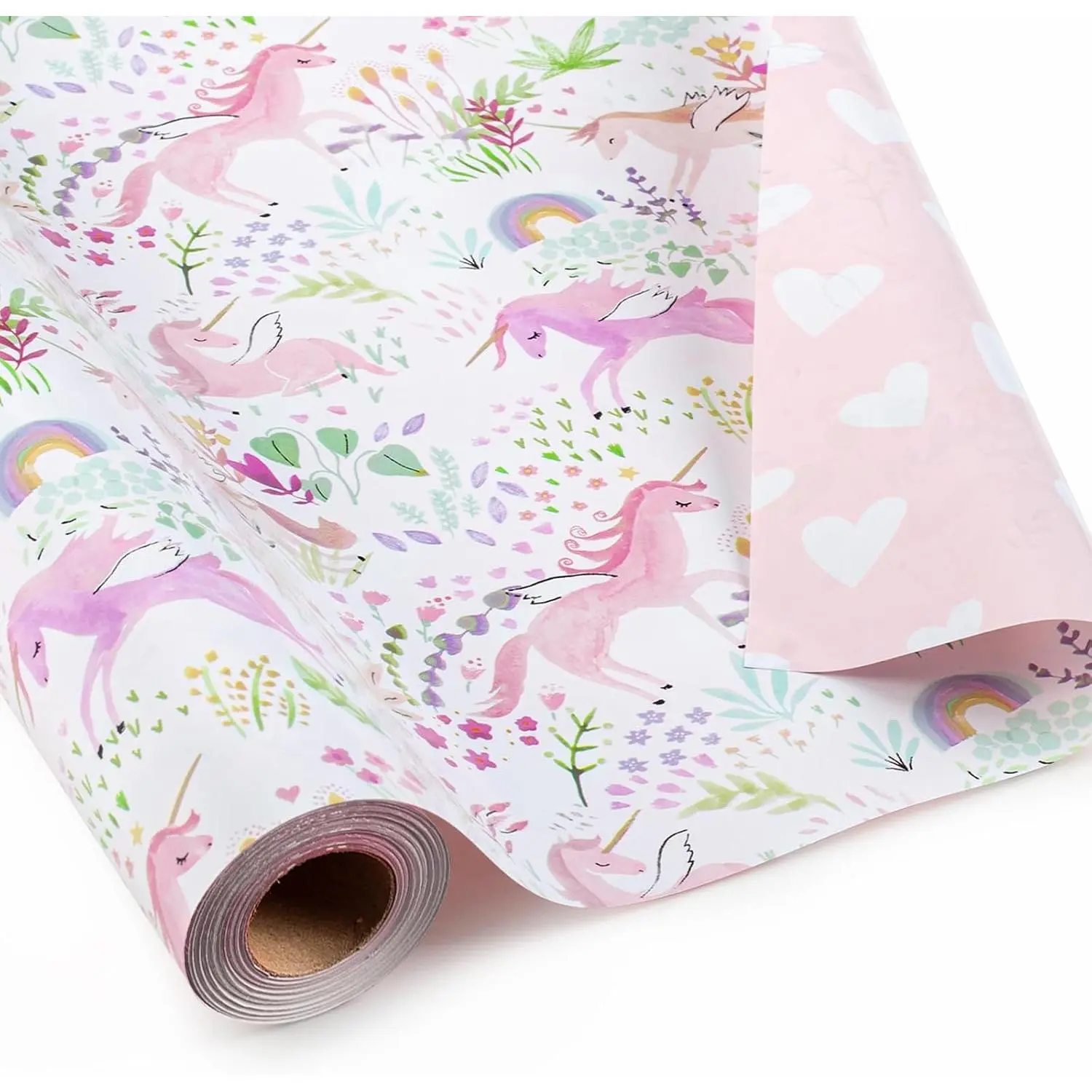 Reversible Unicorn Wrapping Paper Mini Roll - 17 inches x 16.5 inches, Cute Unicorn Print, Heart Shape, Double-Sided Design, Colorful Florals - for Birthday-Themed Gifts & Wrapping, Party, Rainbow Birthday