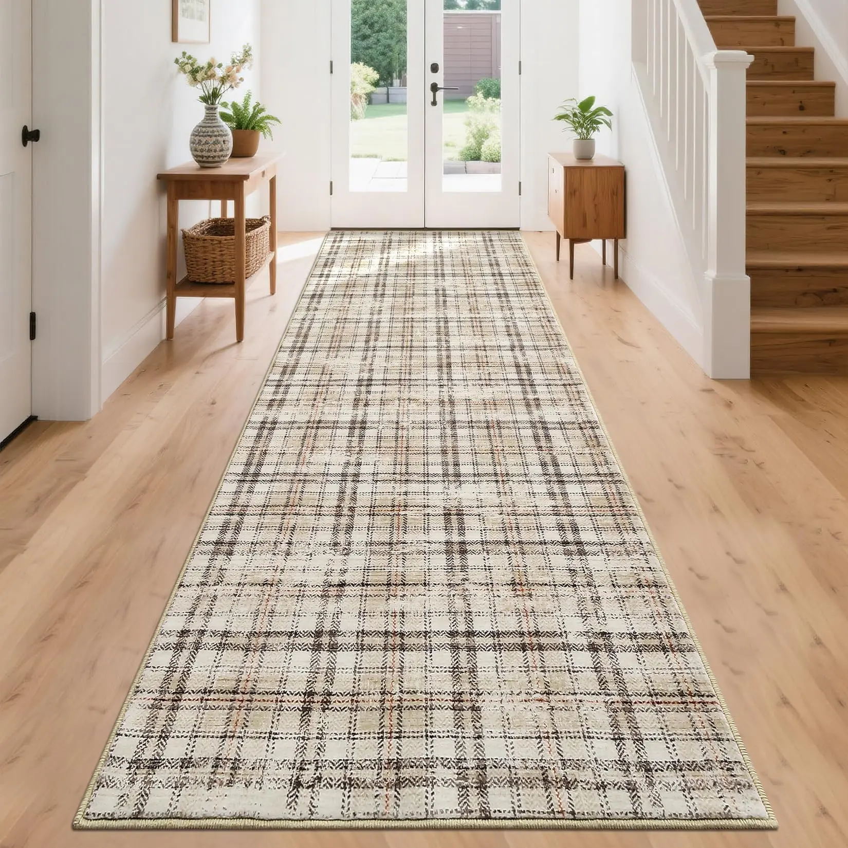 Garvee Washable Runner Rug 2x8 Modern Entryway Rug Tartan Plaid Non Slip Kitchen Rugs Farmhouse Bedroom Area Rug Hallway Runners Soft Bathroom Rugs Stain Resistant Carpet 2'x8' Green/Beige