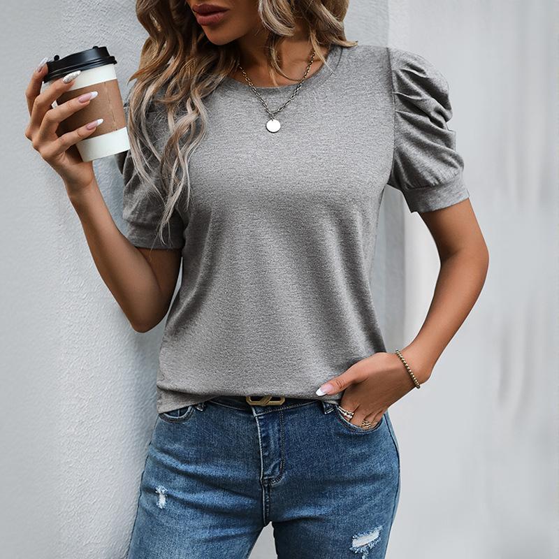 Women's Ruffle Short Sleeve Sweater Casual T Shirts Summer 2026 Knitted Tops Round Neck Blouse Lantern Sleeve T-Shirt - Women's Solid Color