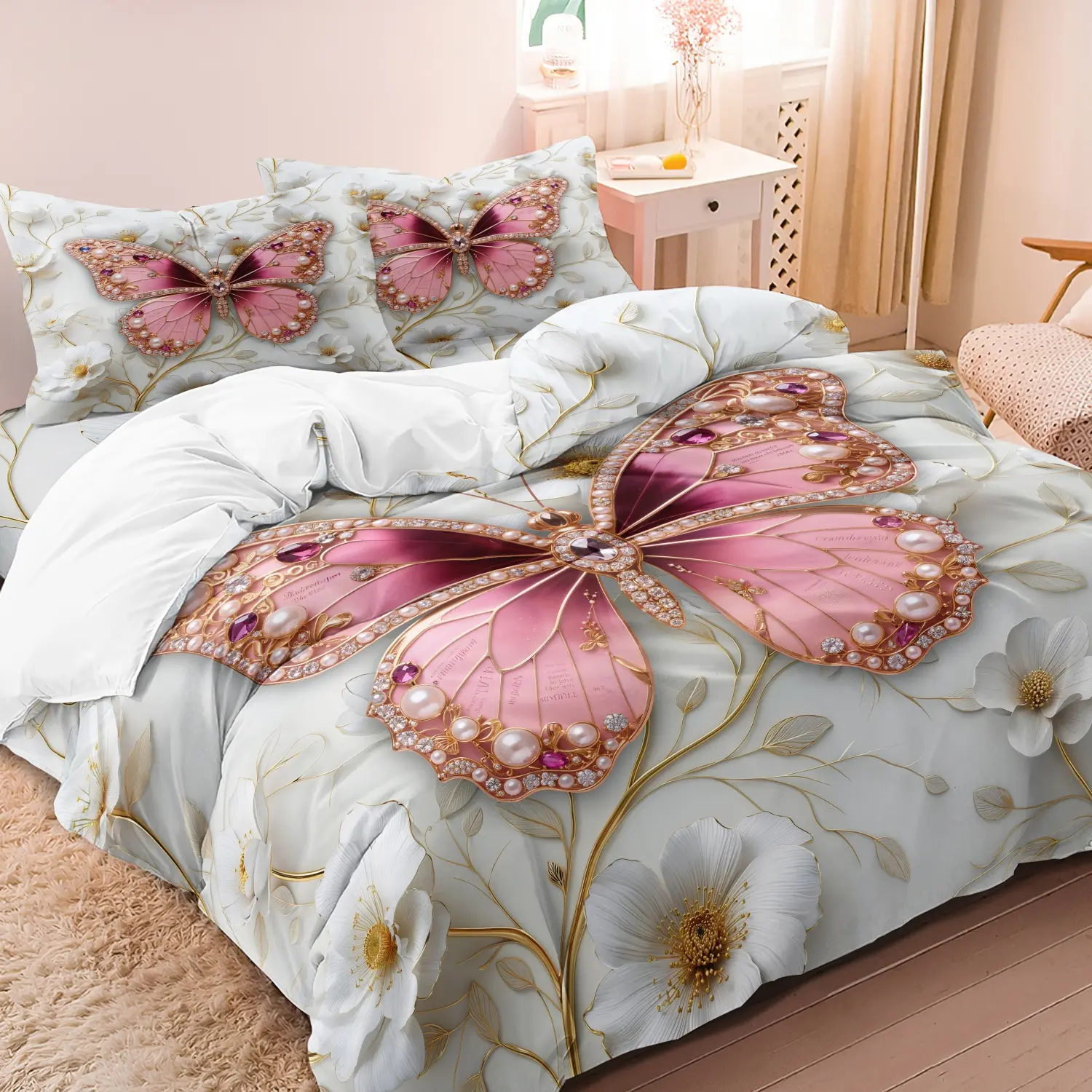 Light Grey Pearl Rhinestone Pink Butterfly Floral Print 3 Pieces Decorative Duvet Cover Set, Luxury Golden Branch Jewel Butterfly White Flower Print Bedding, Soft Microfiber Romantic Bedroom Decor (1 Duvet Cover + 2 Pillowcases, No Comforter No Pillow)