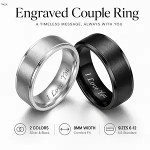 Engraved "I Love You" Couple Matching Ring Set, 8MM Brushed Comfort Fit Tungsten Wedding Bands, Black & Silver Two Tone Promise Rings for Men Women