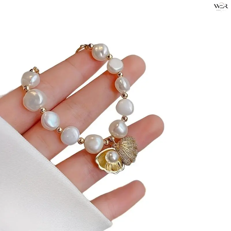 Baroque Freshwater Pearl Bracelet for Women, French Elegant Shell & Cat Eye Beaded Stackable Bracelet, Luxury Minimalist Jewelry for Daily & Date Night