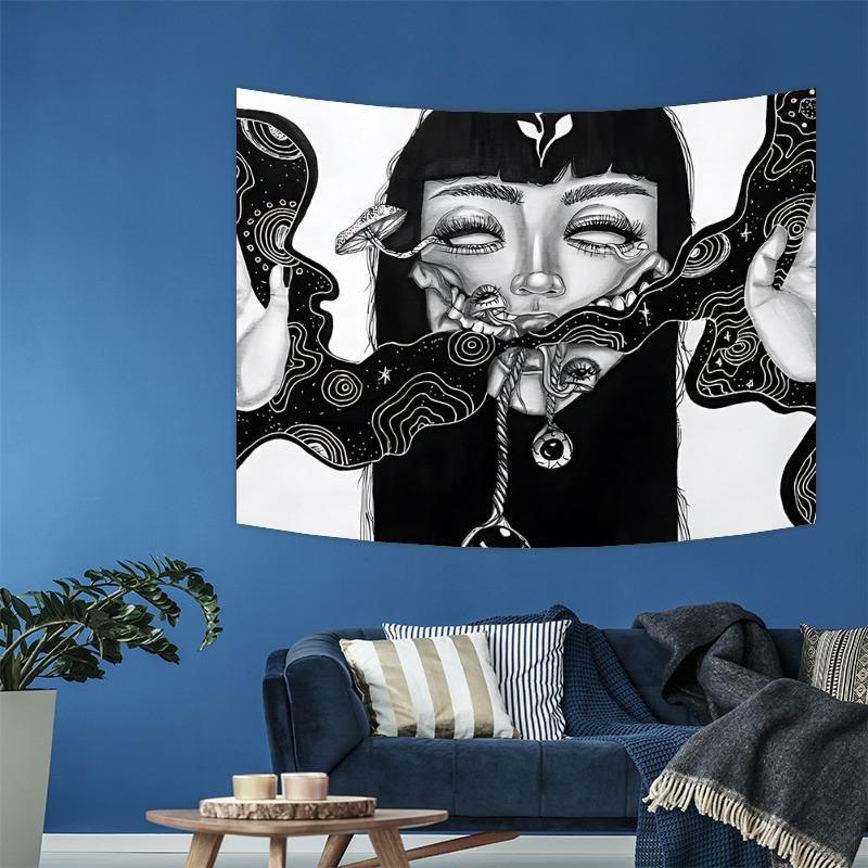 Abstract Horror Art Girl Pattern Tapestry, Creative Design Tapestry, Durable Decorative Tapestry, Wall Hanging Decor for Home Living Room Bedroom, Home Decor, Room Decor