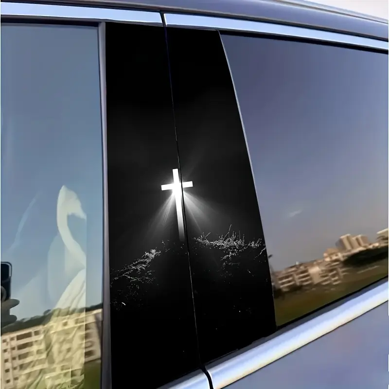 2pcs Black and White Glossy Christian Cross Car Stickers in the Dark - Self-Adhesive Vinyl B-Pillar Protective Decals, Removable Window and Wall Decor, Easy to Apply and Remove, Durable Faith-Themed Vehicle Decoration, Decals for Vehicles