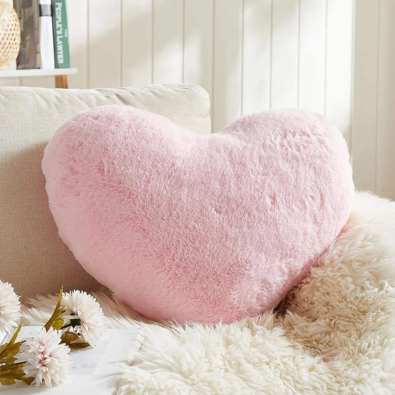 Heart Pillows, Pink Heart Pillows, Love Throw Pillows Gifts, Soft Faux Fur Cute Pillows, Girls Kid Room Decor 10x13 Inch