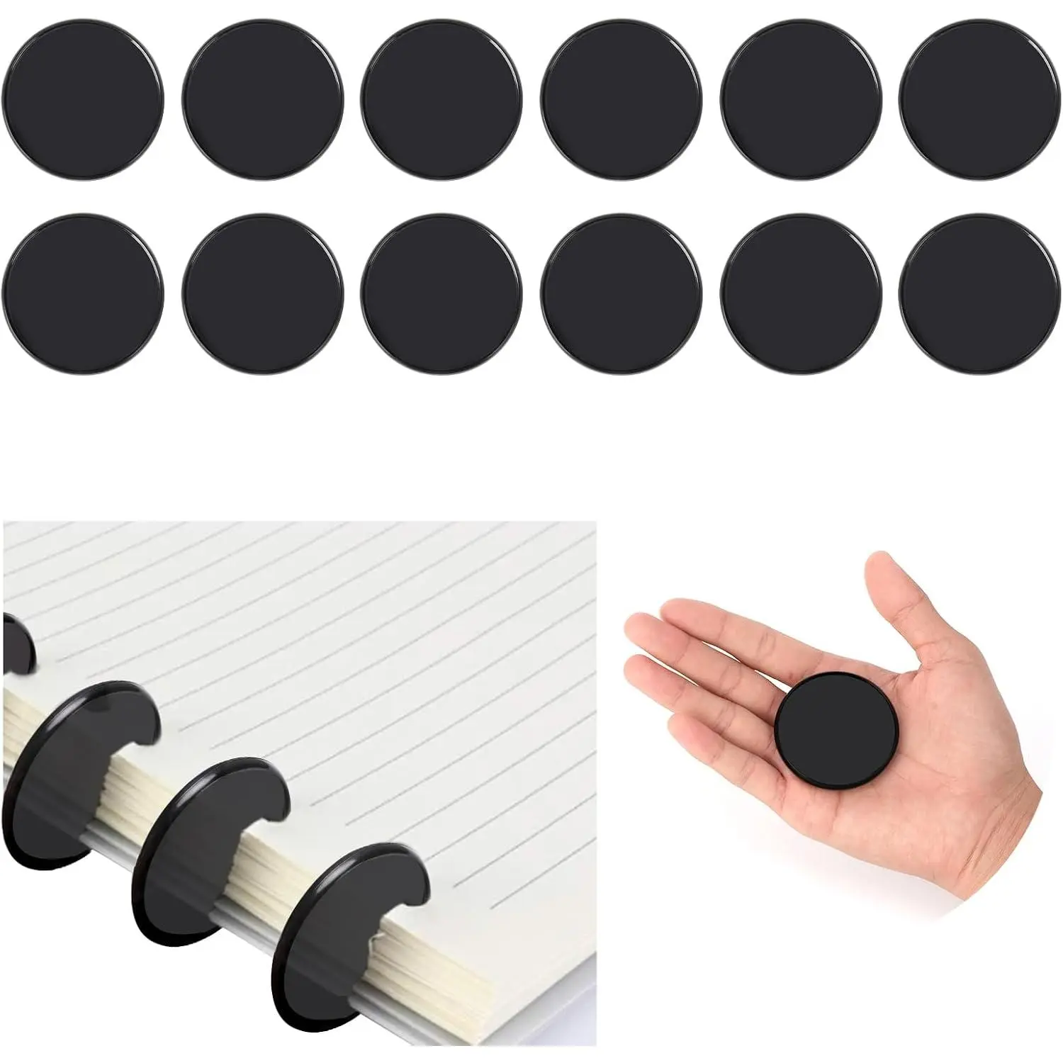 12- 2-Inch Discbound Expansion Discs and Binder Rings - Large Black Plastic Book Binding Discs for DIY Notebooks and Scrapbooking Supplies