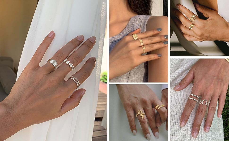 Besteel 18K Gold Plated Rings for Women, Stainless Steel Statement Rings Pack Stacking Boho Midi Rings Adjustable Open Ring Band Twisted Signet Rings Non Tarnish Gold Rings
