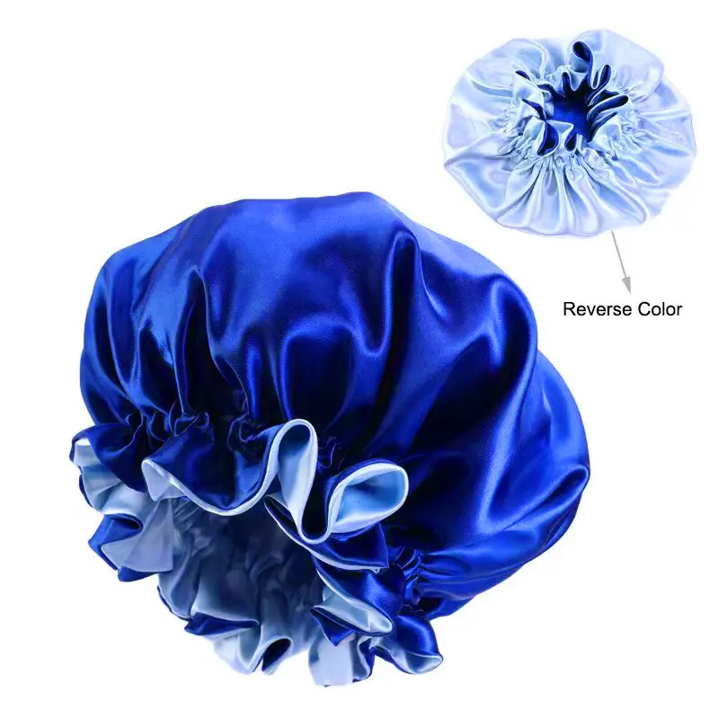 Double Layer Satin Sleep Cap with Ruffled Cuff, Large Ruffle Trim Home Bath Bonnet for Women Princess Style