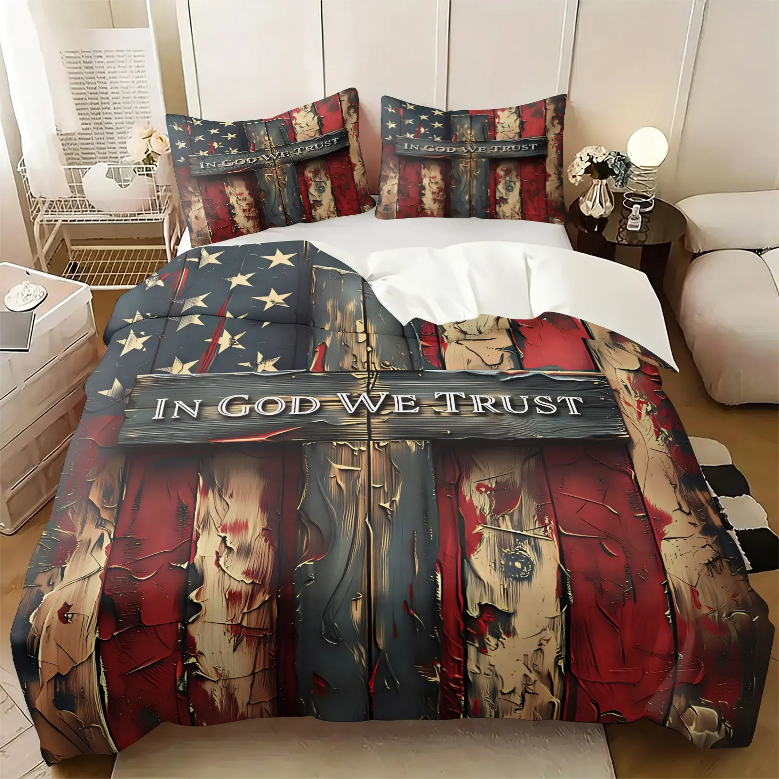 2/3-Piece Vintage Wood-Grain American Flag & Cross Pattern Duvet Cover Set (1 Duvet Cover + 1 or 2 pillowcase; No Insert Included) – Rustic Farmhouse Style Bedding Set; Soft & Comfortable; Ideal for Patriots, Veterans, and Independence Day Bedroom Decor