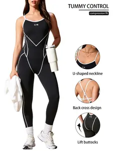 Women's Back Cross Strap Romper, Edge Colorblock Halter High Stretch Tummy Control Butt Lift Yoga Sports Long Pants