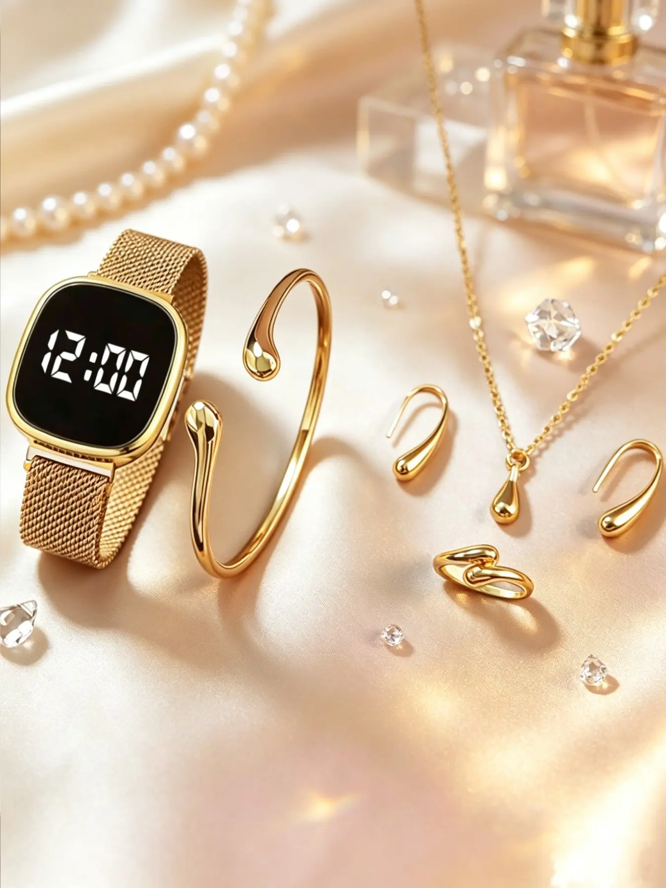 Women's Touchscreen Digital Watch Gift Set, Includes Bracelet, Necklace, Earrings, Ring, Perfect for Daily Wear, Ideal for Holidays