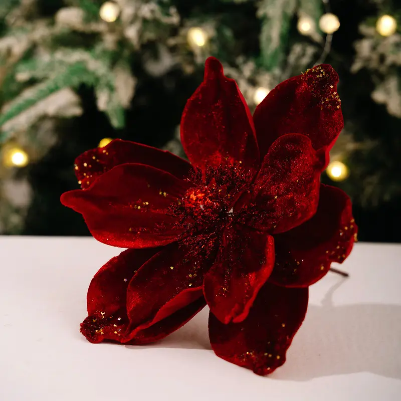 Premium Velvet Christmas Poinsettia Flower with Glitter, Artificial Magnolia Orchid Floral Pick for Tree Wreath Garland Table Centerpiece, Realistic Holiday Home Hotel Wedding Party Decor, Winter Essential and Festive Gift for Mom gift idea