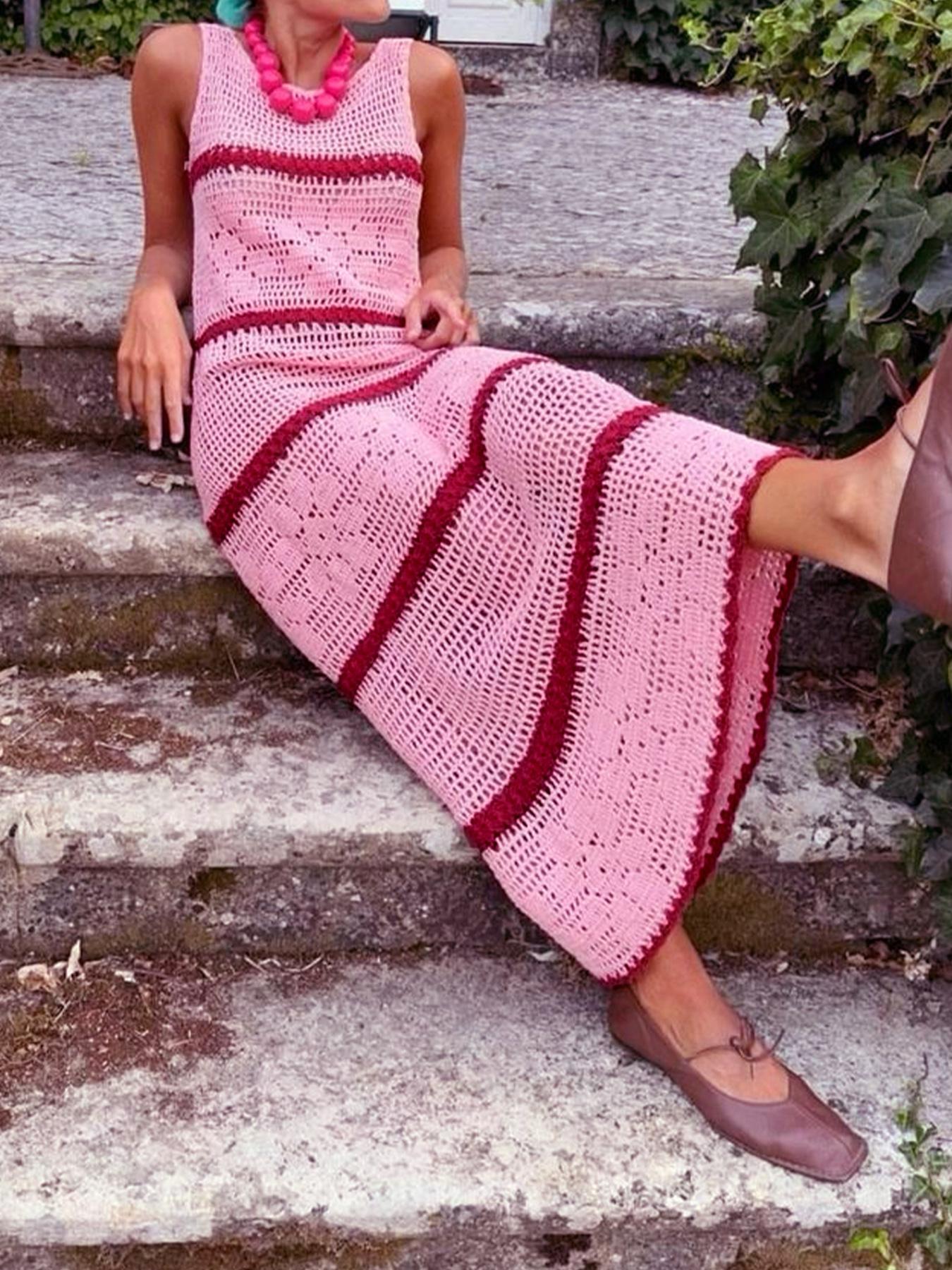 Women's Colorblock Crochet Sweater Dress, Casual Sleeveless Fitted Knitwear for Summer, Fashion Women's Clothing for Daily Wear, Womenswear, Piece
