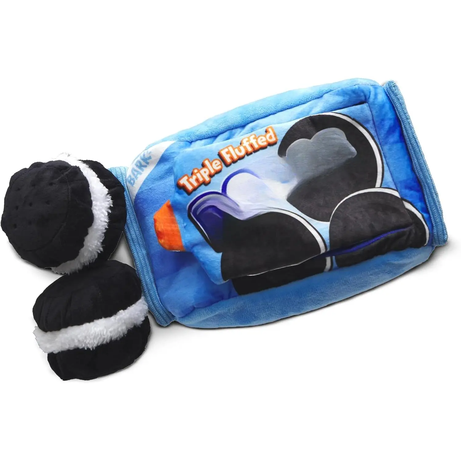 Fluffy Plush Barkbox 3-in-1 Squeak Toy - Cookie-Shape Stuffed Crinkle Bag with 2 Squeakers, Treat Hiding Compartment for Small-Medium Dogs, Outdoor Use, 3-In-1 Toy