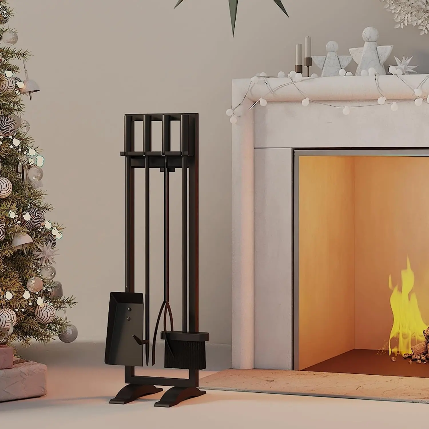 5-Piece Wrought Iron Indoor Fireplace Tools Set | Sturdy tools keep handles tight while tending fires. Ergonomic grips ease firewood moving work.