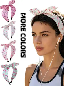 4Pcs Flamingo Print Bunny Ear Headband, 4 Kinds of Background Patterns, Sweet Korean Style Bow Hairband, Non-slip Fabric Headwrap for Beach Trip, Face Washing & Casual Dress Matching