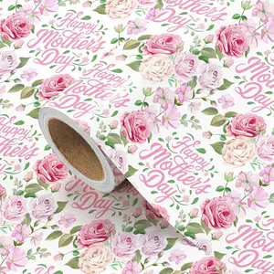 WRAPAHOLIC Mothers Day Wrapping Paper Roll - Mini Roll - 17 inch x 16.5 Feet - Happy Mother’s Day and Pink Rose Floral Wrapping Paper for Mom, Mother’s Day, Mom Birthday, Thank You Gifts