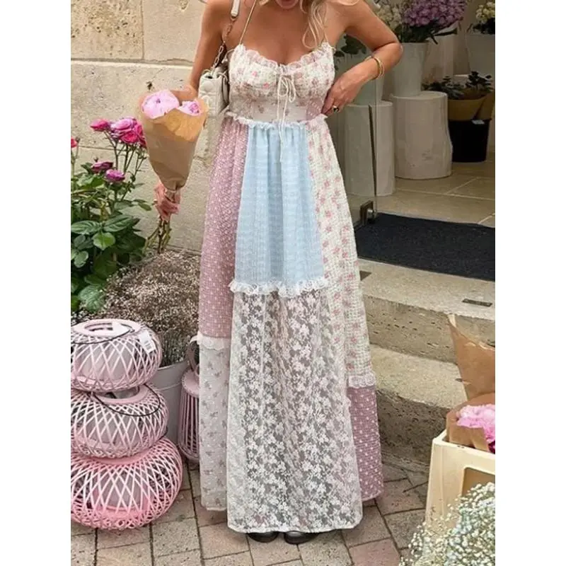 Women's Flowy Dresses Summer Print Lace Patchwork Long Dress Halter Backless Sleeveless Dress Cute Maxi