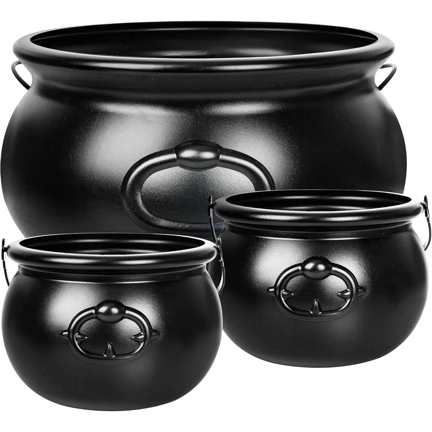 3PCS Halloween Cauldron Decor, 12.6" and 7.68" Witch Cauldron Buckets, Plastic Black Candy Holder Pot Spooky Punch Bowl for Halloween St Patrick's Day Party Trick or Treat Favors
