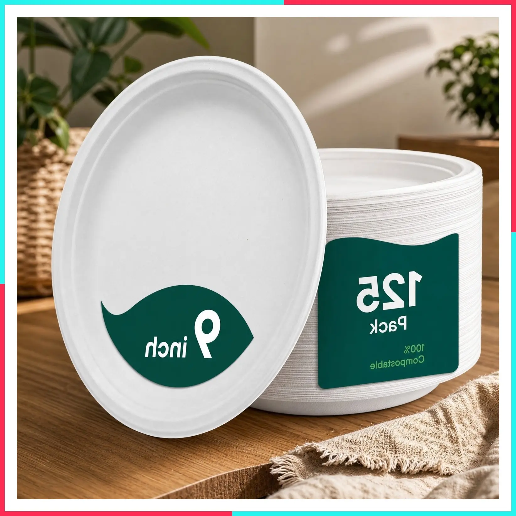 100% Compostable Heavy Duty Disposable Paper Plates, 125 Pack, 9 Inch, Eco-Friendly Biodegradable Sugarcane Bagasse, Natural White, Sturdy Dinner Plates, BPI-Certified & PFAS-Free