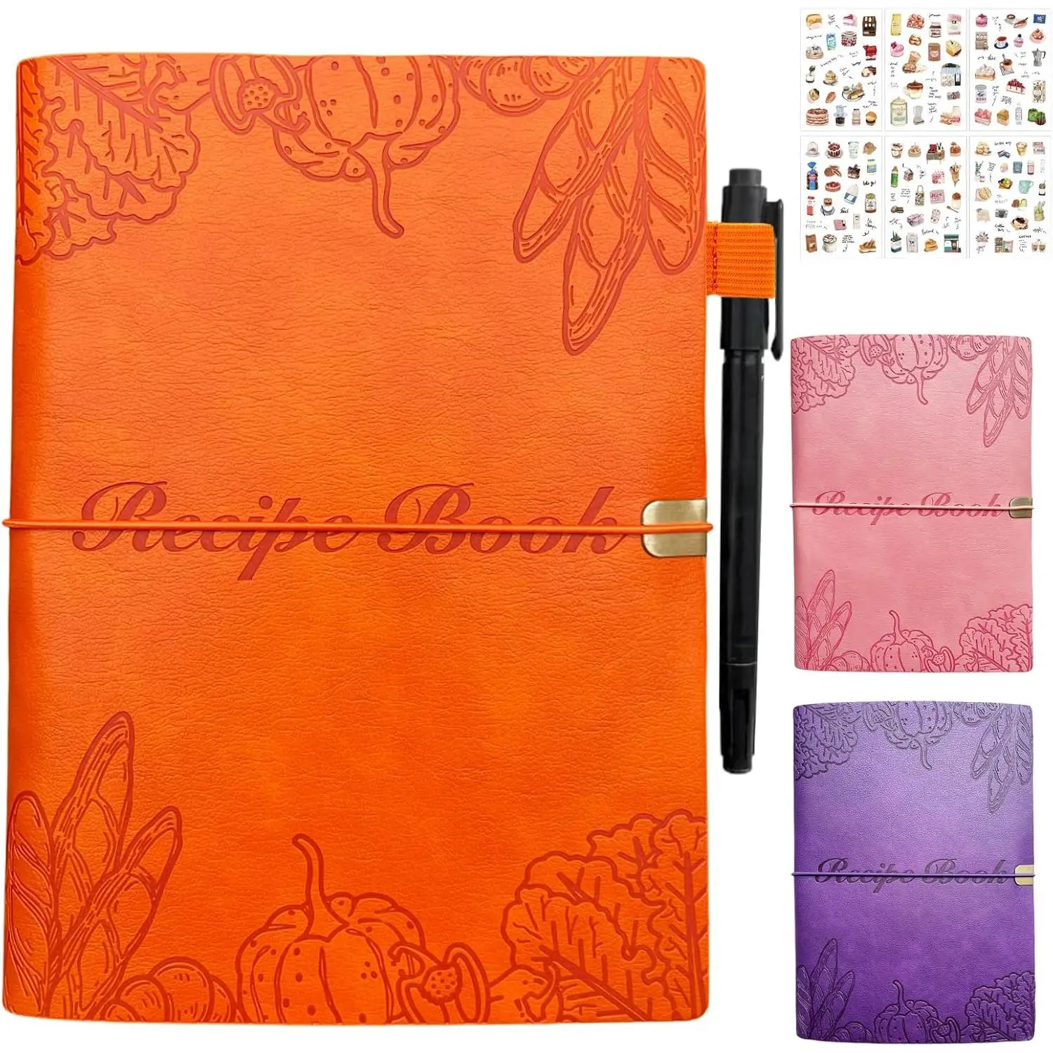 Blank Recipe Book to Write in Your Own Recipes, Water Proof Leather Recipe Binder, Blank Books Hold 154 Recipes (Long Recipes & Short Recipes) (Orange)