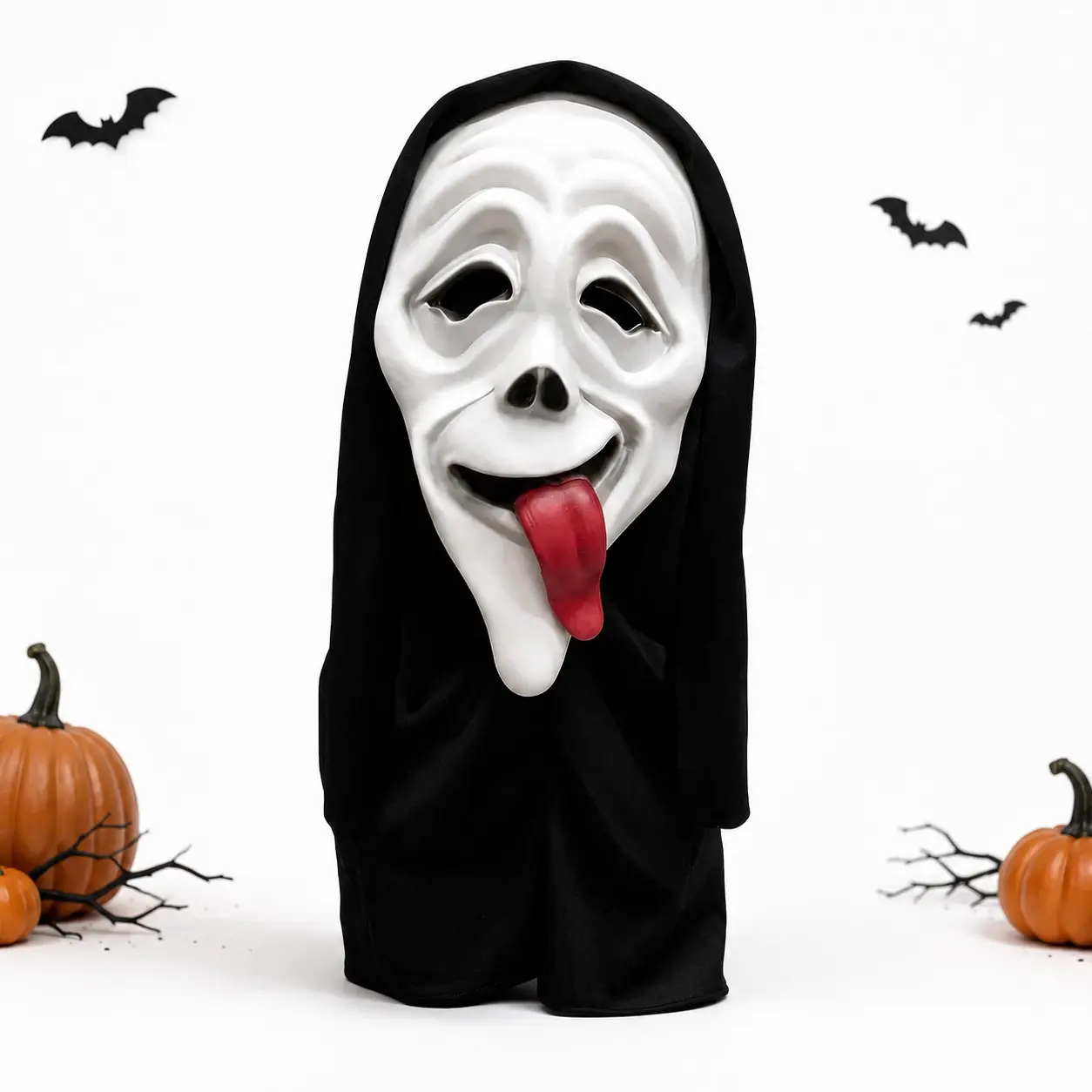 Halloween Funny Horror Ghost Mask, Full Face Hooded Scary Mask with Red Tongue, Spooky Costume Party Cosplay Prank Prop Party Props