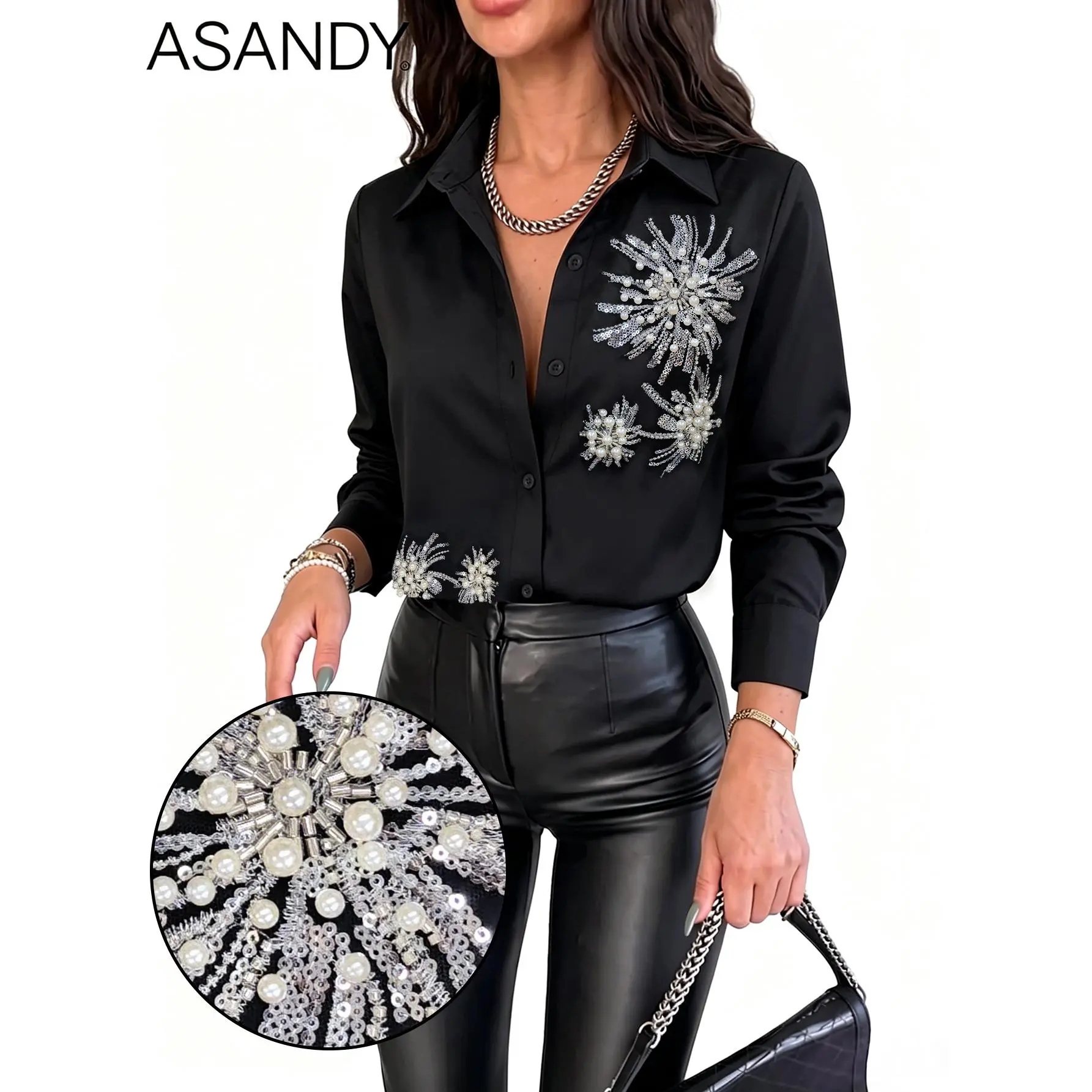 ASANDY Women's Longsleeve Loose Fireworks Pearl Rhinestone Beaded Embellished Button-Down Collared Blouse, Glossy Black Night Out Top, Longsleeves, Oversize, Chic Casual, Pearlized Blouses & Shirts, Long Sleeve, Firework Motif, Polyester, Beaded Accents,,