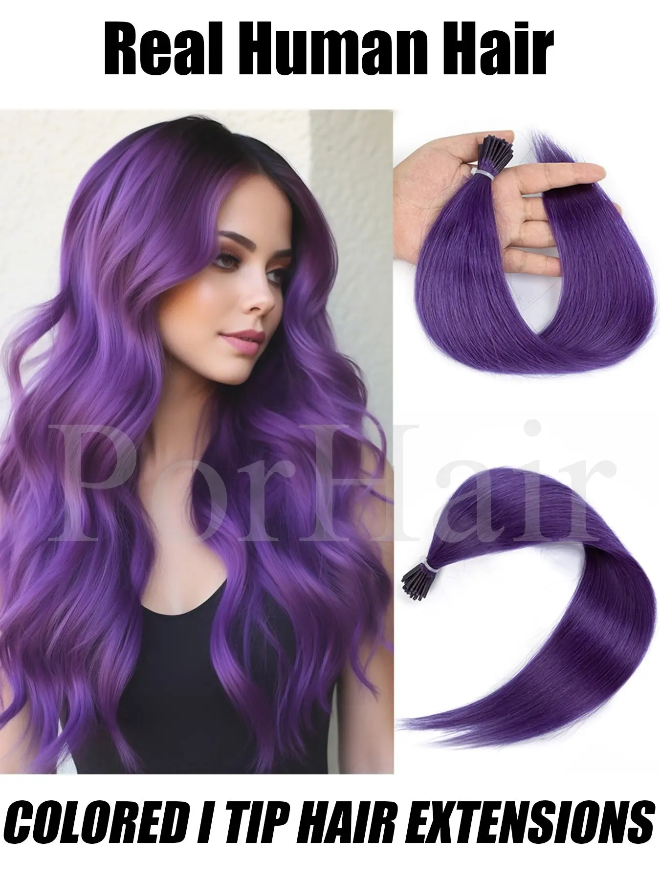 Colored I Tip Human Hair Extensions, Straight Microlink Micro Ring, Blue, 50 Strands/pack for Women