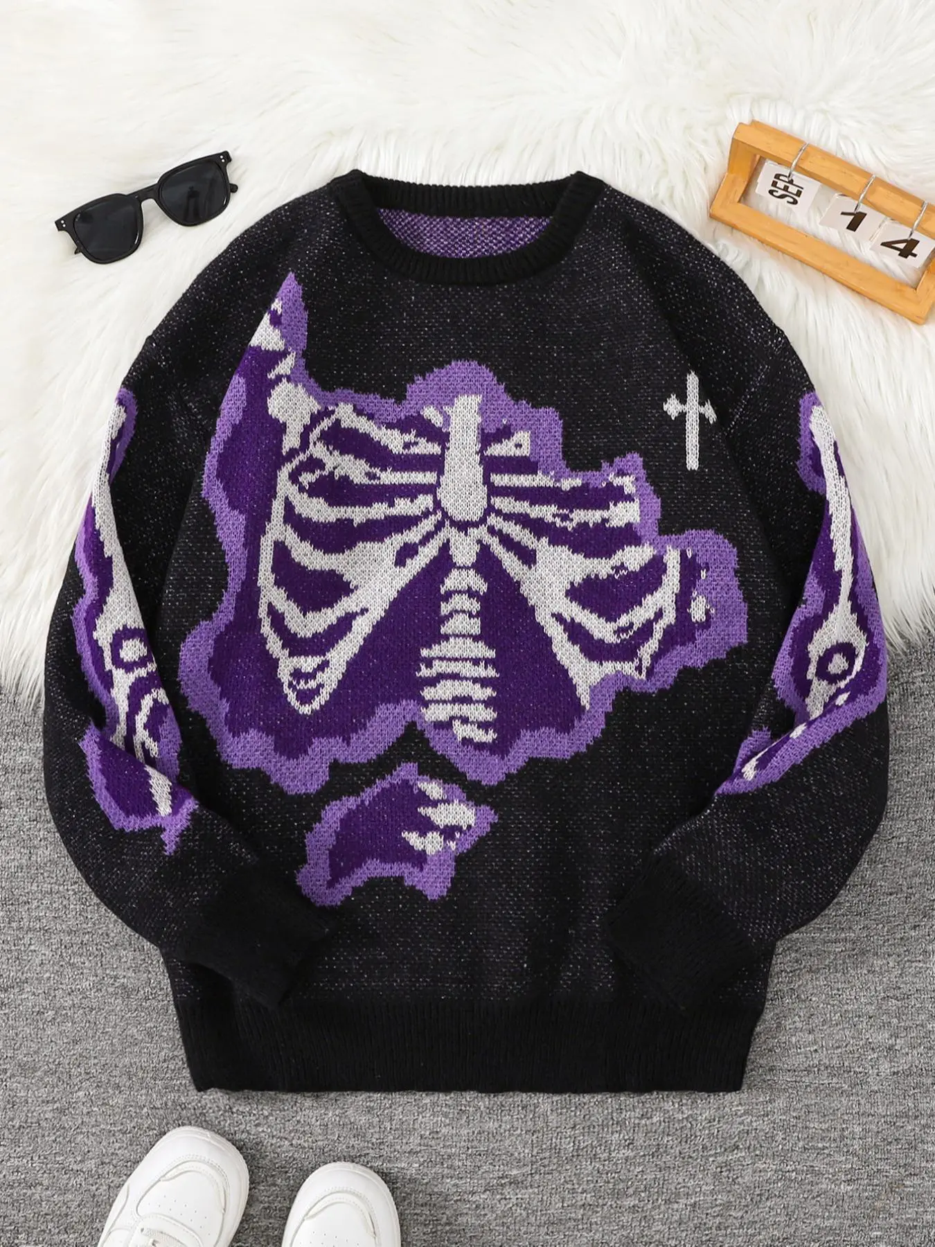 Men's Regular Fit Skeleton Print Skull Round Neck Sweater, Casual Comfy Long Sleeve Crew Neck Jumper for Daily Wear, Fashion Men's Knitwear for Fall & Winter, Tops