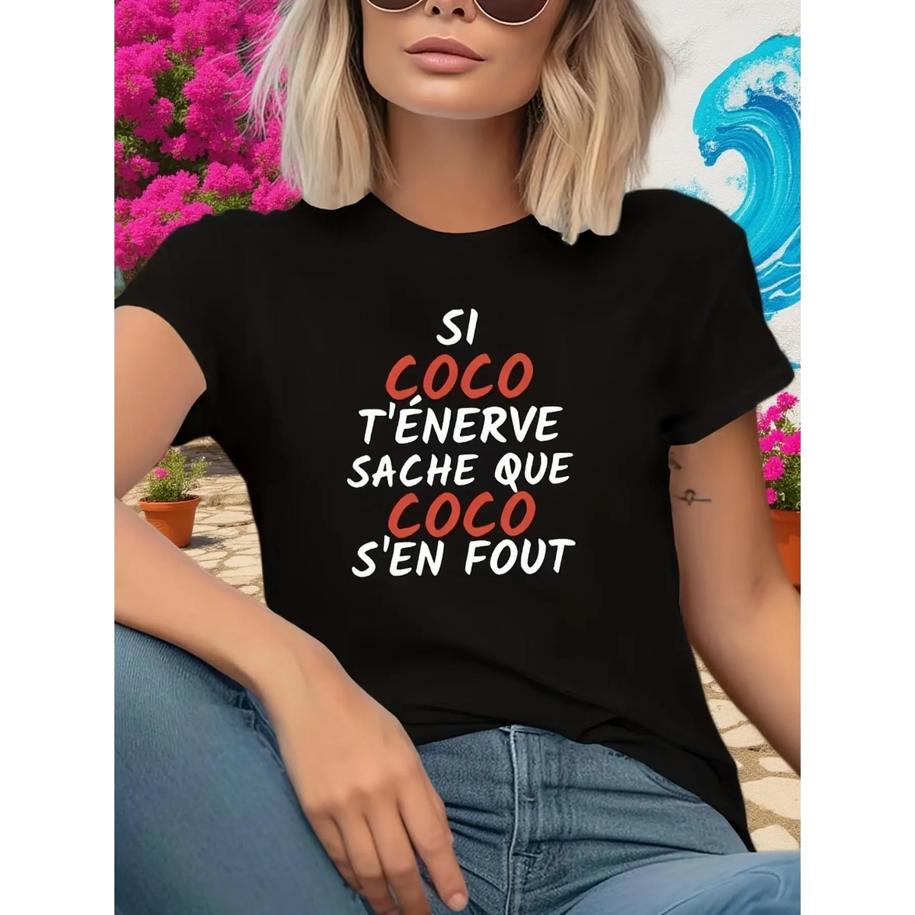 "Men's 'Coco Cool' French Chic Fashion T-Shirt - Pure Cotton Relaxed Fit Top with Bold Black-White-Red Print, Casual Crewneck Everyday Tee", Tshirt, Classic, Short, Elegant, Comfortable, Fabric, Casual Wear