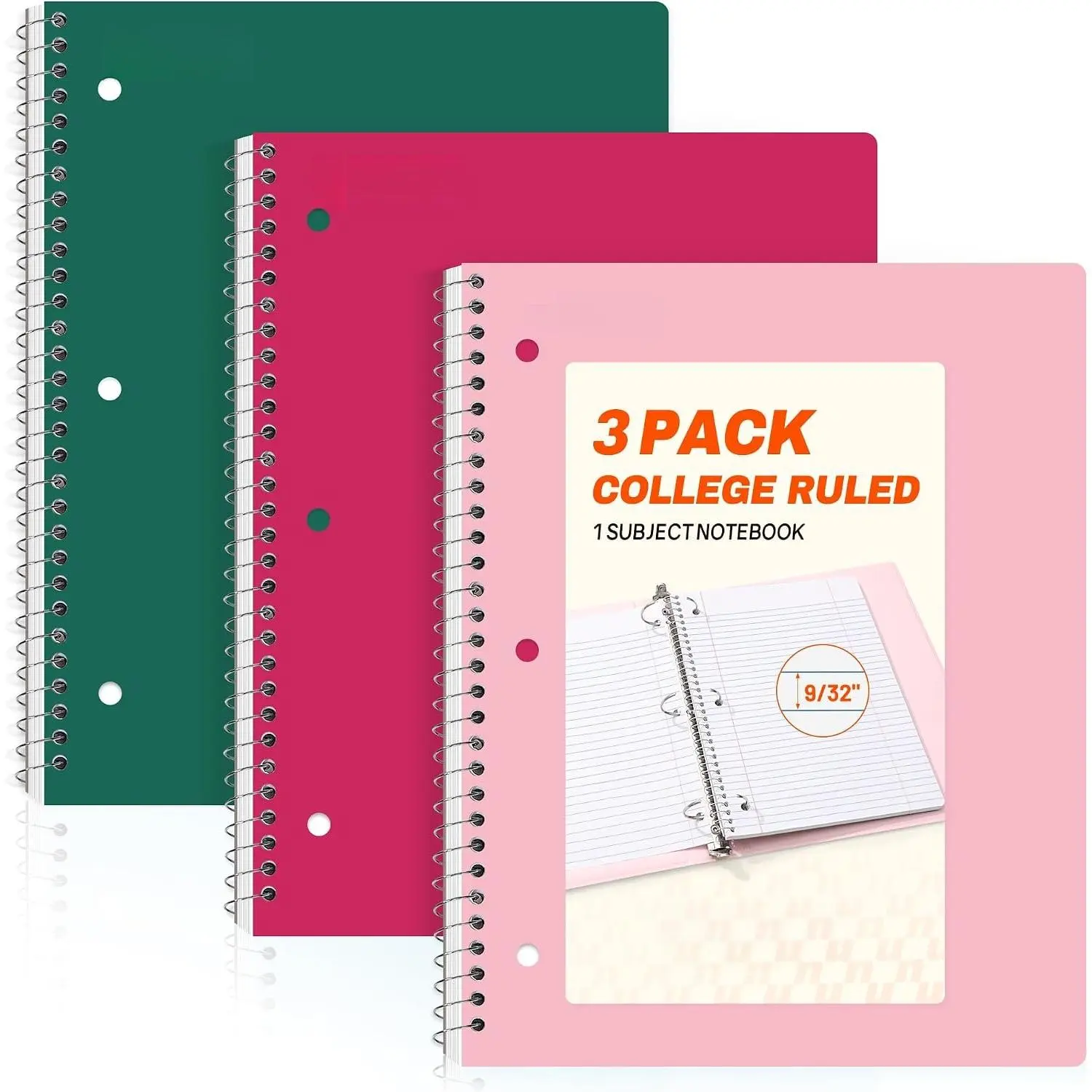 Spiral Notebooks, 3 Pack, 1-Subject, College Ruled Paper, 8" x 10-1/2", 70 Sheets per Notebook,  Colors Spiral Notebooks for School (Cherry, , Green)