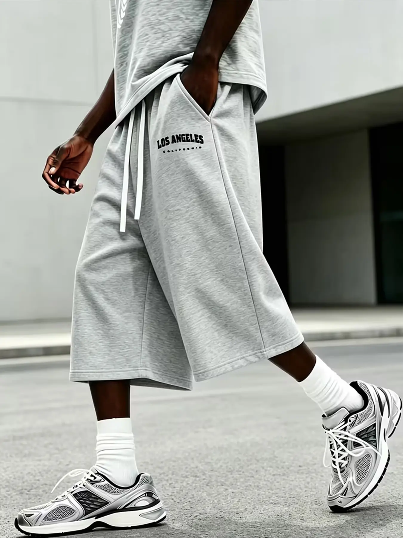 Unisex American West Coast Casual Sweat Shorts & Capri Pants Soft Light Fleece Heather Grey Small Black LOS ANGELES Letter Dot Print Elastic Drawstring High Waist Oversized Wide Leg Five Point Bermuda Jogger Bottoms For Basketball Campus Citywalk Daily St