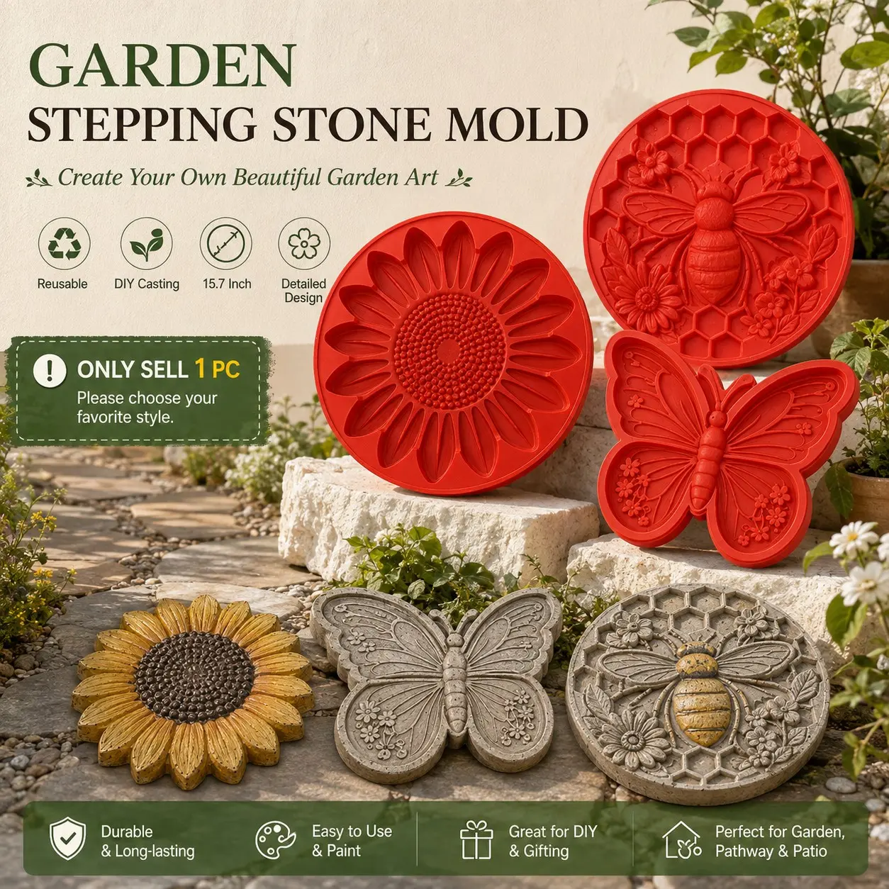 1 PC Reusable Sunflower Stepping Stone Mold, 15.7 Inch Round Sunflower Design, DIY Concrete Casting Mold for Garden Pathway, Walkway, Patio, Backyard, Yard, Lawn, Landscape and Outdoor Craft Decoration
