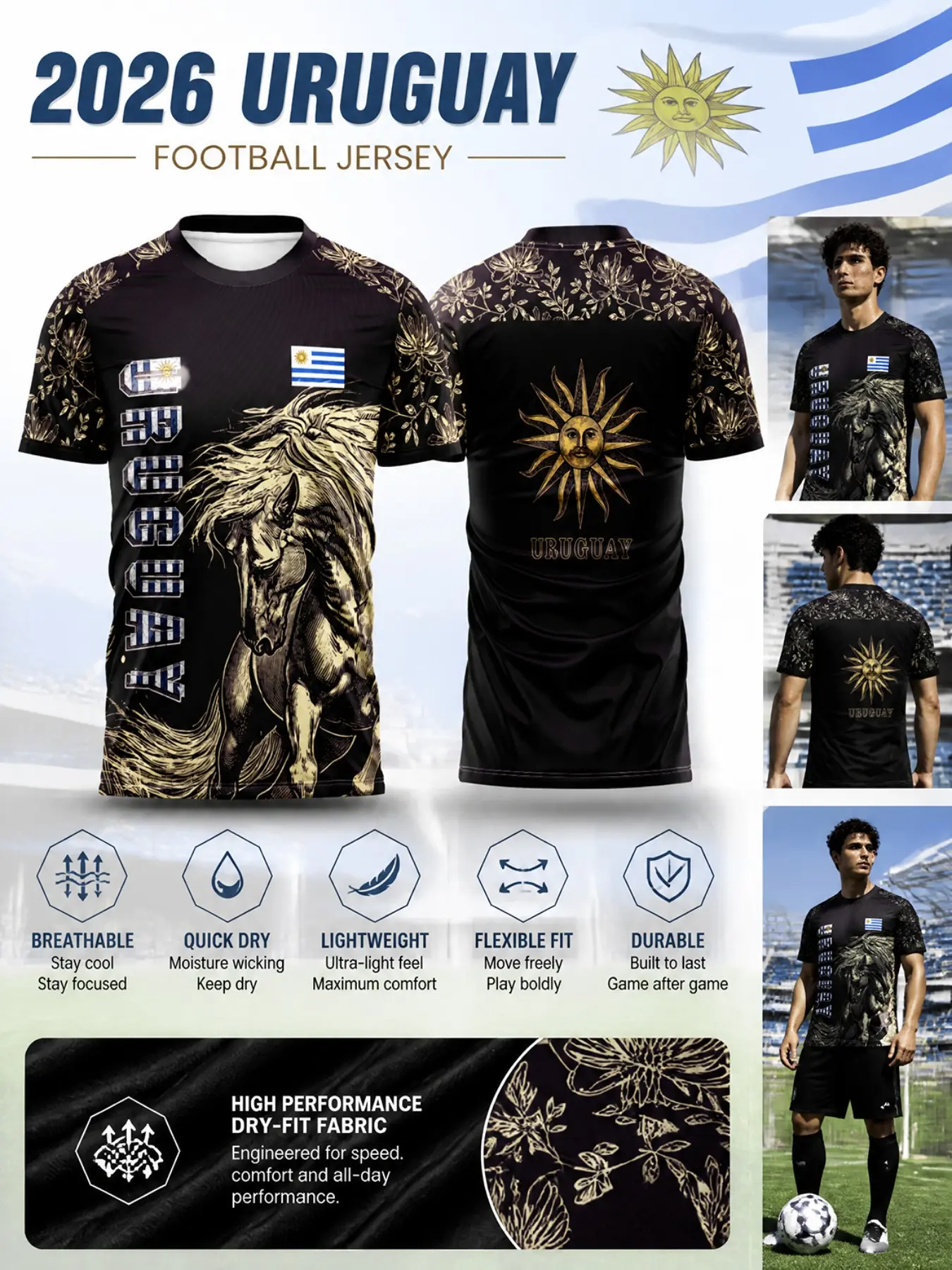 2026 Uruguay Gold Soccer Jersey, Ultra-Light Comfort Quick-Dry Sportswear, Tropical Floral Print, Slim Fit, All Seasons