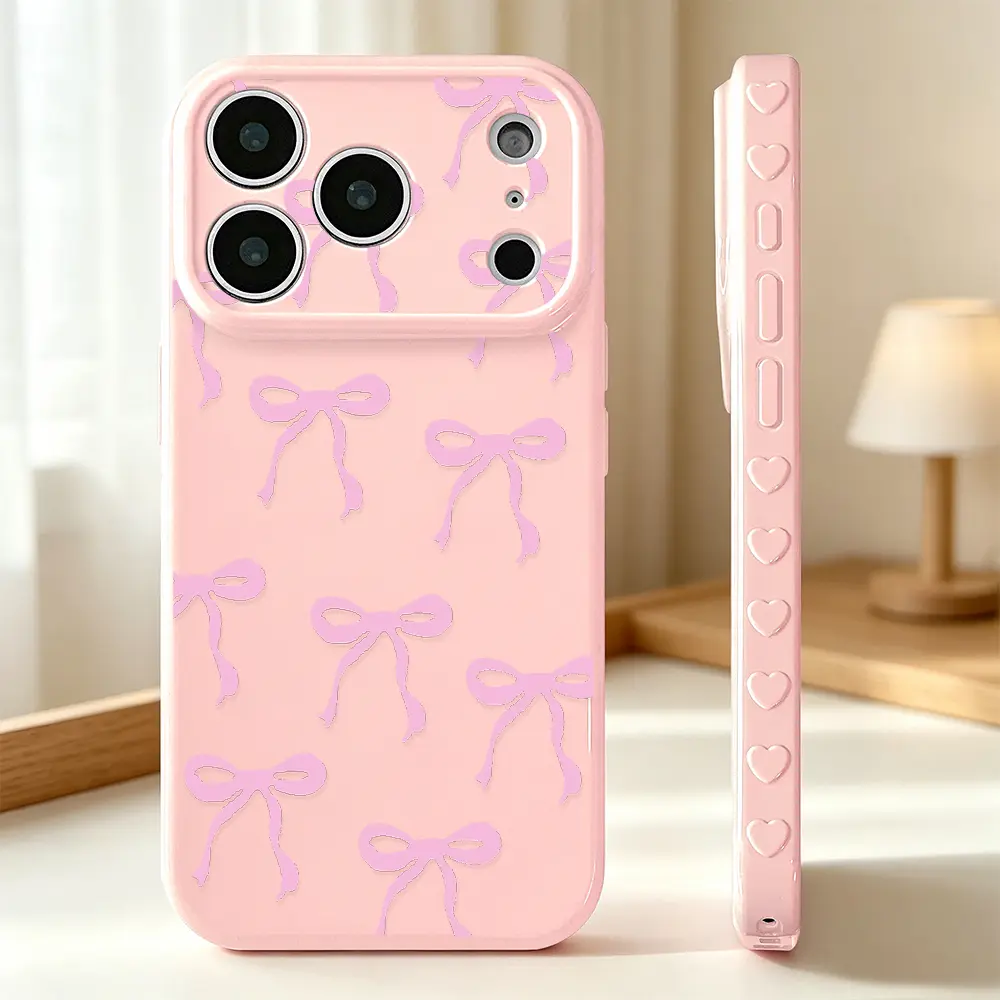 Pink Bow Embossed Heart Smartphone Casing - Coquette Minimalist Ribbon Aesthetic Fashion Girly Art - Handheld Cellphone Case for iPhone 13-17 Series Devices - Black Pink Girly Gift