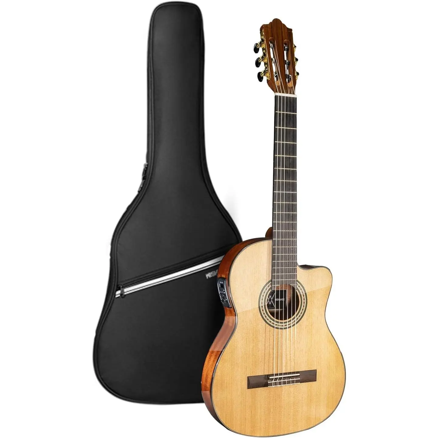 WishMade Thin Body Acoustic Electric Classical Nylon Guitar Beginner Adult |   Spruce top, Sapele back and sides, thin body with 2-band EQ and tuner for amplified flamenco, includes padded gig bag