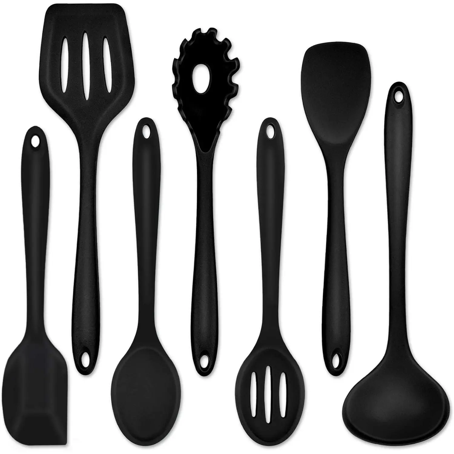 Black Kitchen Utensils,  Cooking Utensil Set of 7 | Soft Spatula for Nonstick Cookware, Slotted Turner, Soup Ladle, Pasta Server, Spoon for Cooking, Dishwasher Safe & Heat Proof
